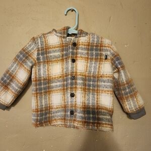 Baby B'Gosh Jacket 18 Months Hooded Plaid Fleece Flannel Button Tan Blue Cream